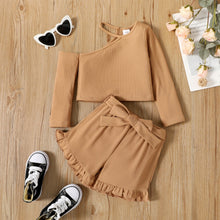 Load image into Gallery viewer, Baby Girl Ribbed Top and Belted Ruffle Hem Shorts Set