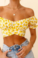 Load image into Gallery viewer, Flower Print Ruffle Trim Off-Shoulder Back Tie Blouse