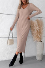 Load image into Gallery viewer, V-Neck Long Sleeve Ribbed Sweater Dress