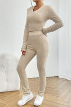 Load image into Gallery viewer, Ribbed V-Neck Long Sleeve Cropped Top and Pants Set