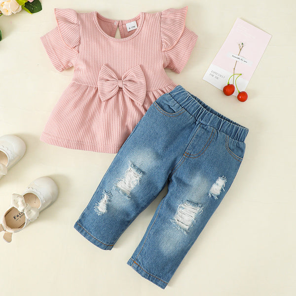 Baby Girl Bow Detail Short Sleeve Top and Distressed Jeans Set