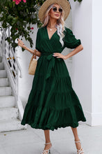 Load image into Gallery viewer, Surplice Neck Tie Waist Tiered Midi Dress