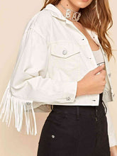 Load image into Gallery viewer, Fringe Detail Collared Neck Long Sleeve Denim Jacket