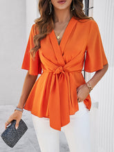 Load image into Gallery viewer, Surplice Tie Waist Half Sleeve Blouse