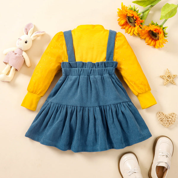 Baby Girl Puff Sleeve Round Neck Top and Buttoned Overall Dress Set