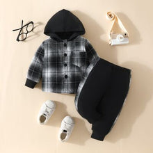 Load image into Gallery viewer, Kids Plaid Button Up Hooded Shacket and Pants Set