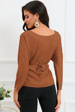 Load image into Gallery viewer, Boat Neck Back Tie Long Sleeve Satin Blouse