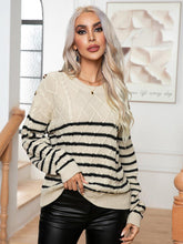 Load image into Gallery viewer, Striped Round Neck Cable-Knit Sweater