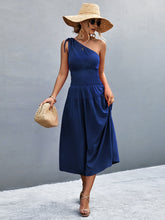 Load image into Gallery viewer, Asymmetrical One Shoulder Smocked Waist Midi Dress