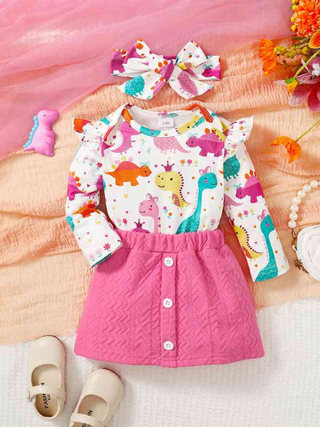 Baby Girl Dinosaur Top and Buttoned Skirt Set