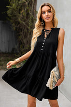 Load image into Gallery viewer, Tie Neck Tiered Dress with Decorative Buttons