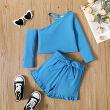 Load image into Gallery viewer, Baby Girl Ribbed Top and Belted Ruffle Hem Shorts Set