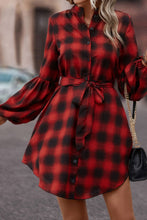 Load image into Gallery viewer, Plaid Tie Waist Balloon Sleeve Mini Dress