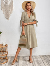Load image into Gallery viewer, Tie Cuff Deep V Button Down Dress