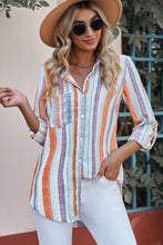 Load image into Gallery viewer, Striped Button-Up Curved Hem Shirt with Breast Pocket