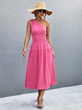 Load image into Gallery viewer, Asymmetrical One Shoulder Smocked Waist Midi Dress