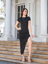 Load image into Gallery viewer, Round Neck Short Sleeve Asymmetrical Hem Midi Dress