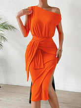 Load image into Gallery viewer, Tie Front Single Shoulder Slit Dress