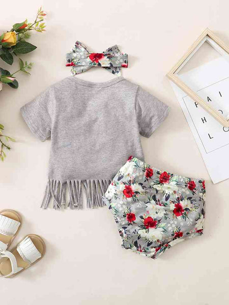 Baby Girl Fringe Detail SASSY Graphic T-Shirt and Floral Print Shorts Set