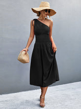 Load image into Gallery viewer, Asymmetrical One Shoulder Smocked Waist Midi Dress
