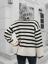 Load image into Gallery viewer, Striped Slit Turtleneck Drop Shoulder Sweater