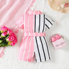 Load image into Gallery viewer, Striped Two-Tone Short Sleeve Tie Waist Romper