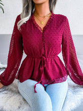 Load image into Gallery viewer, Swiss Dot Frill Trim Drawstring Waist Peplum Blouse