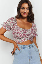 Load image into Gallery viewer, Flower Print Ruffle Trim Off-Shoulder Back Tie Blouse