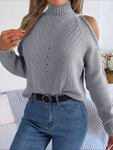 Load image into Gallery viewer, Cable-Knit Turtleneck Cold Shoulder Sweater