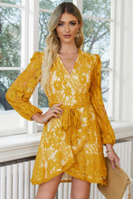 Load image into Gallery viewer, Pompom Trim Puff Sleeve Belted Lace Dress