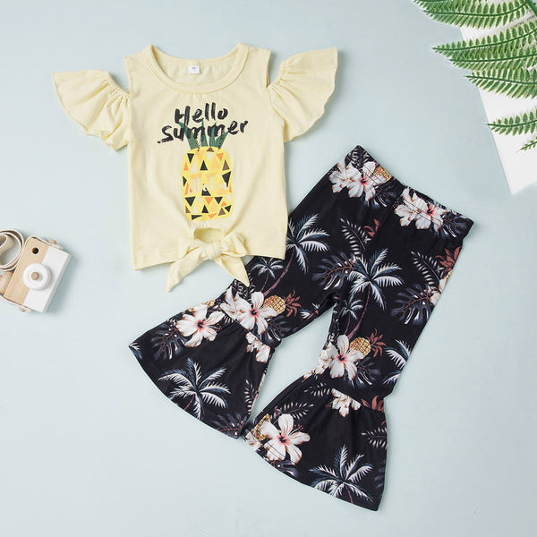 Baby Girl HELLO SUMMER Graphic Top and Floral Flare Pants Set