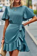 Load image into Gallery viewer, Round Neck Flutter Sleeve Ruffled Dress