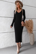 Load image into Gallery viewer, V-Neck Long Sleeve Ribbed Sweater Dress