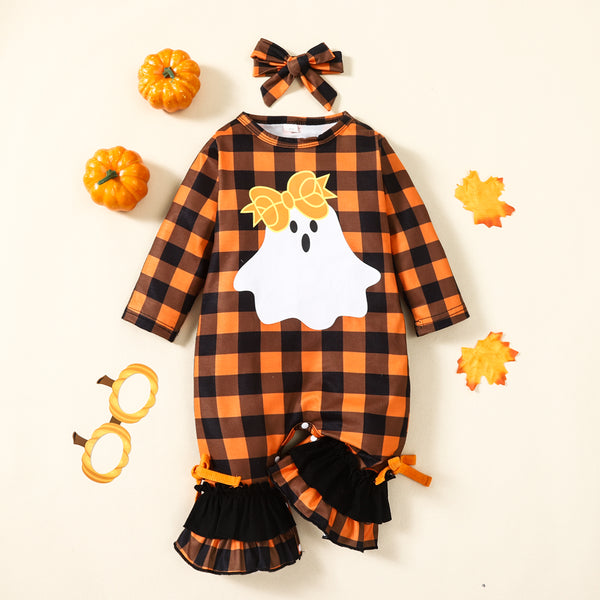 Baby Plaid Ghost Graphic Round Neck Long Sleeve Jumpsuit