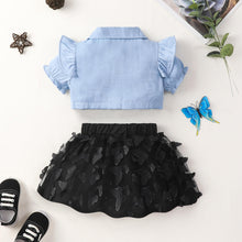 Load image into Gallery viewer, Baby Girl Ruffle Shoulder Shirt and Butterfly Applique Skirt Set