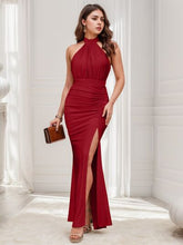 Load image into Gallery viewer, Slit Ruched Halter Neck Sleeveless Dress