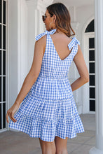 Load image into Gallery viewer, Plaid Tie Shoulder Frill Trim Tiered Dress