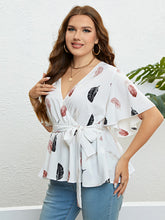 Load image into Gallery viewer, Feather Print Tied Flutter Sleeve Blouse