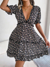 Load image into Gallery viewer, Floral Frill Trim Ruffle Hem Deep V Mini Dress
