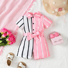 Load image into Gallery viewer, Striped Two-Tone Short Sleeve Tie Waist Romper