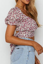 Load image into Gallery viewer, Flower Print Ruffle Trim Off-Shoulder Back Tie Blouse