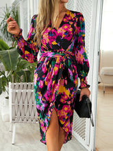 Load image into Gallery viewer, Printed Tie Front Lantern Sleeve Dress