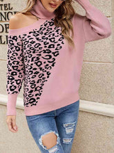Load image into Gallery viewer, Leopard Turtleneck Cold Shoulder Long Sleeve Sweater