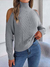 Load image into Gallery viewer, Cable-Knit Turtleneck Cold Shoulder Sweater