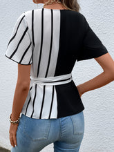 Load image into Gallery viewer, Surplice Neck Waist Tie Flutter Sleeve Blouse