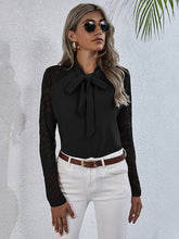 Load image into Gallery viewer, Tie Neck Spliced Lace Long Sleeve Top