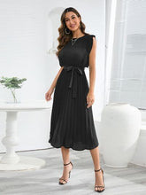 Load image into Gallery viewer, Tied Round Neck Pleated Midi Dress