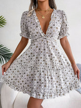 Load image into Gallery viewer, Floral Frill Trim Ruffle Hem Deep V Mini Dress