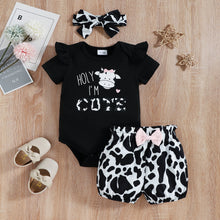 Load image into Gallery viewer, Baby Girl Graphic Ruffled Bodysuit and Cow Print Shorts Set