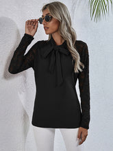 Load image into Gallery viewer, Tie Neck Spliced Lace Long Sleeve Top